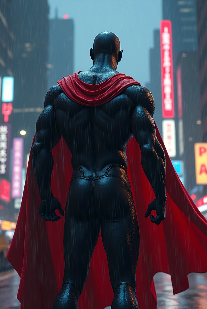 portrait of a super lean muscular black and red color ai superhero with back standing pose against the villains, fight with ai super villains , in the night light city, realistic rain