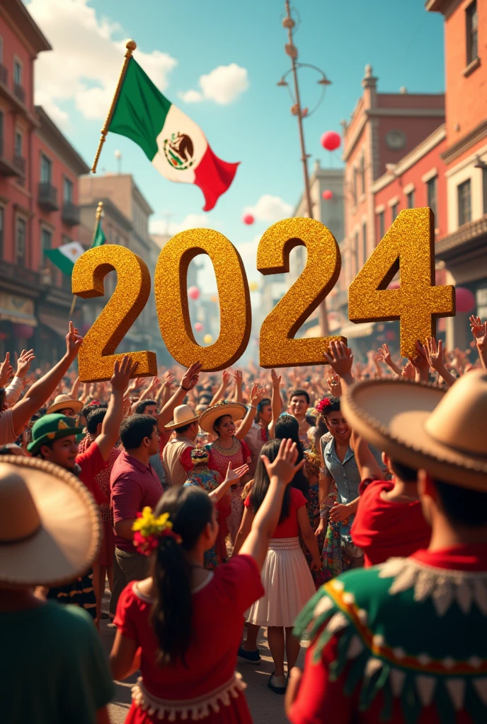 2024 in gold and a crowd of Mexicans looking forward and celebrating with Mexican flags 