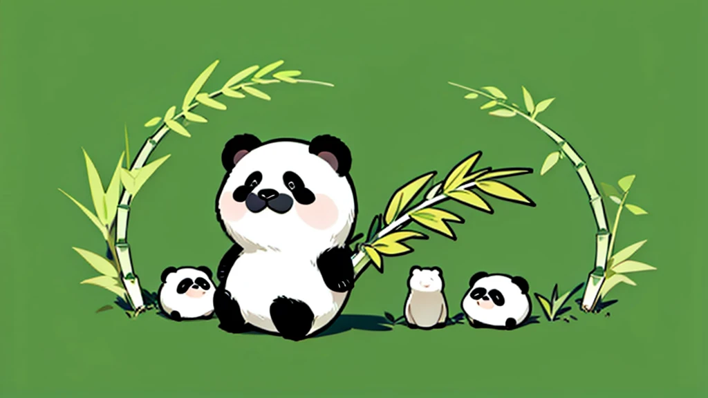 Long body panda、Holding on to the bamboo, trying hard not to be blown away by the wind、Deformation、An illustration、cute