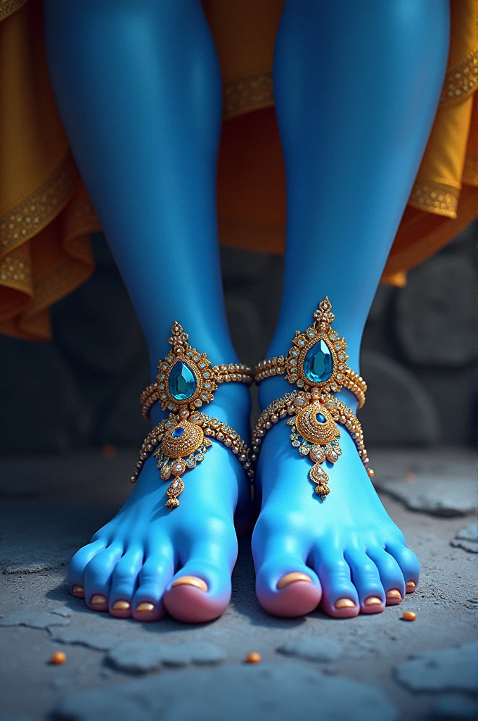 Create a divine and captivating image of Lord Krishna's majestic feet, showcasing their serene beauty and elegance. His feet are a radiant shade of blue, symbolizing his divine nature and Adorn his feet with exquisite, ornate jewelry.