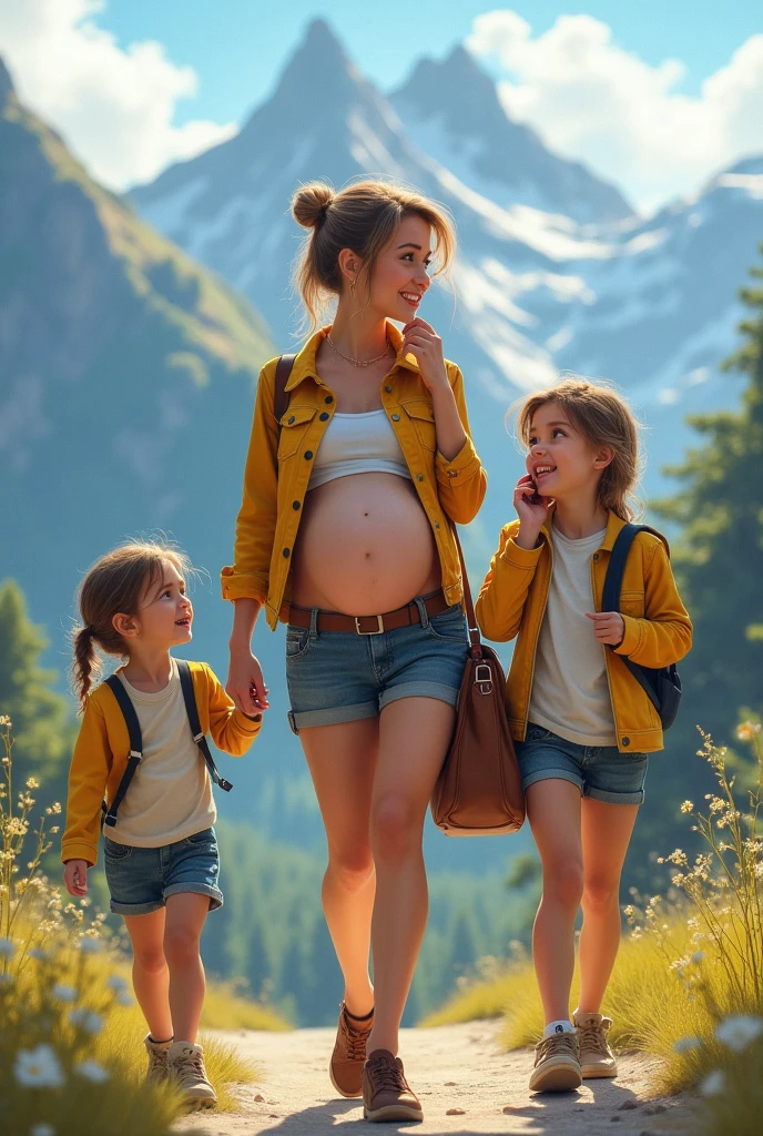 Femme enceinte cheveux attaché veste cuir jaune mini short jean grand sac a main, avec ses filles, elles sont en montagne entrain de faire du téléphone