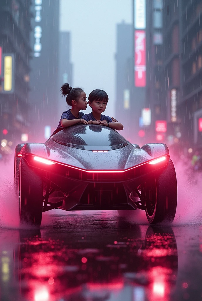 Girl and boy on cybertruck in pink light with rain