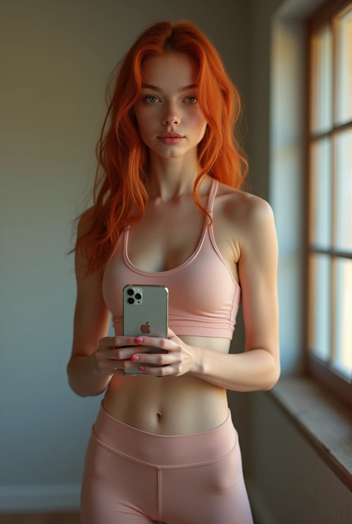 femme aux cheveux roux, jeune et belle, naïve, qui fait du sport chez elle en leggin et crop top un peu transparent de face, sportive, corps entier, sourire, iphone 15 pro, réaliste