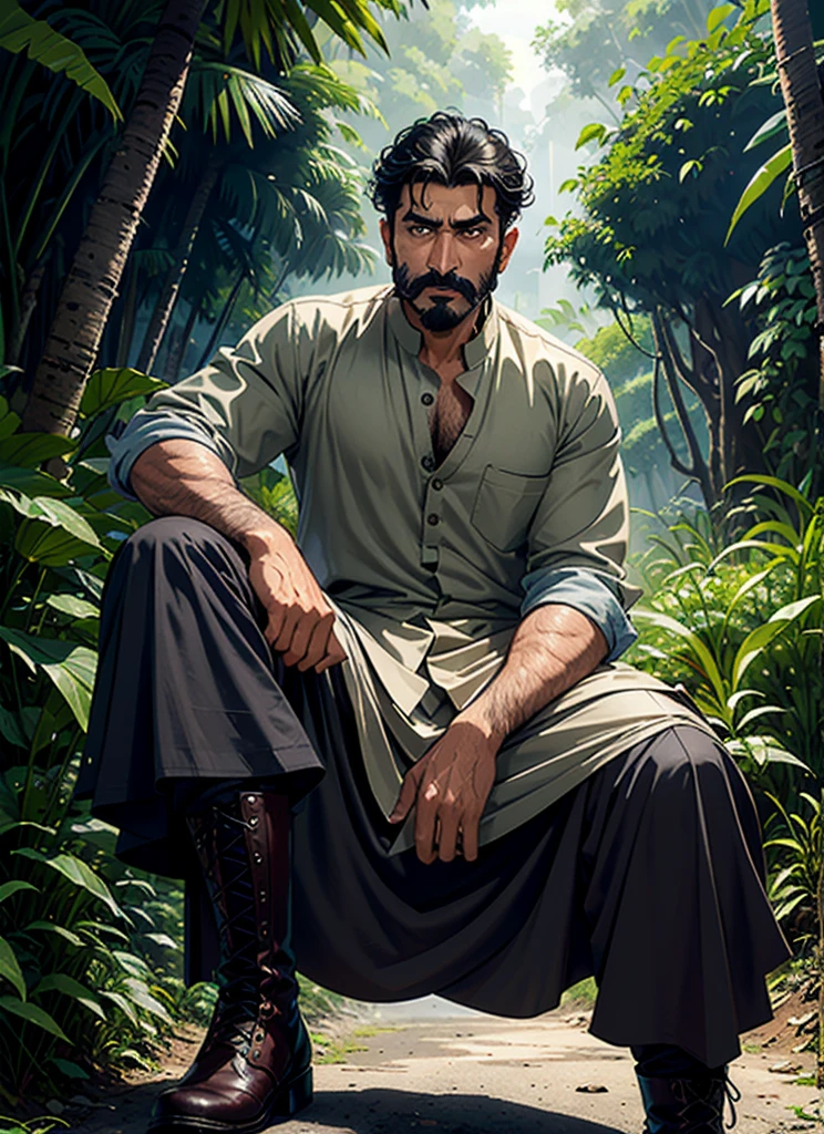 Create a digital painted comic-style illustration set in a dense jungle, featuring Qadeer Khan, Akbar Khan, and Rheem Khan in a Mahindra Hunter Jeep. Rheem Khan, a noble and handsome 3 Pakistani hunter with black eyes, black hair, and a clean-shaven face, is at the wheel, dressed in a traditional brown shalwar kameez and hunter’s boots. Akbar Khan, a tall, muscular member of a Pakistani royal family with a square face, brown eyes, short black hair, and a handlebar mustache, sits in the front passenger seat, his expression angry and proud as he wears a dark blue shalwar kameez. In the back seat, Qadeer Khan, a formidable villain with grey eyes, short black hair, and a handlebar mustache, sits with a dead deer beside him, exuding pride and intensity in his grey shalwar kameez and hunter’s boots. The Jeep speeds along a narrow jungle road, and suddenly, a small black kitten appears, trying to cross in front of the vehicle. The scene is tense and dramatic, with bold colors, dynamic angles, and intense lighting highlighting the imposing presence of the characters and the suspenseful moment as the kitten crosses the road.