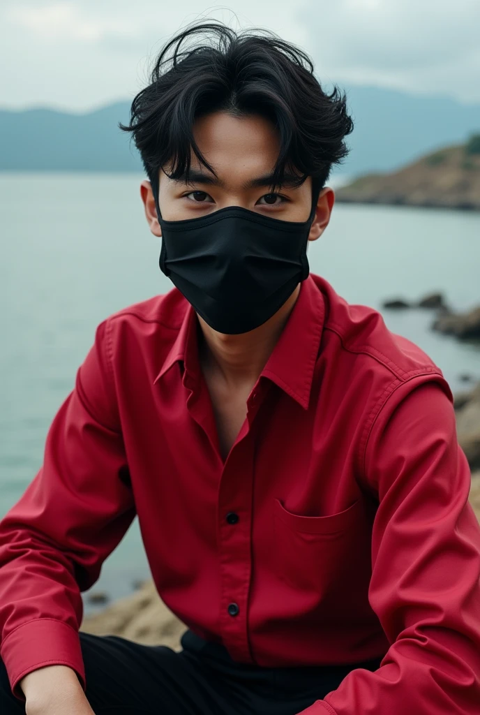 Rahul pratik   face black mask  bay in age 20 red sart block pent Korean  hear realistic  in face body 16.9