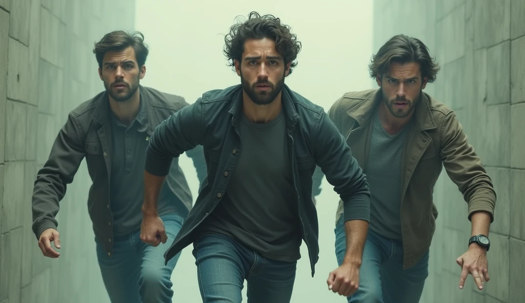 An invisible force seemingly pushing the 3 yung man back as they try to move forward.