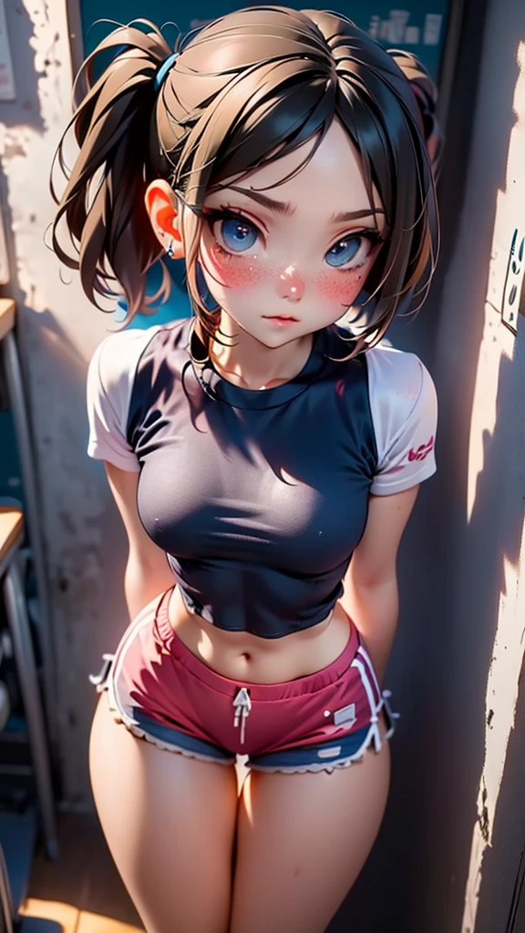 1 girl, Alone, High resolution, breasts, necessary, High resolution, masterpiece, anatomically correct, Awarded many times, The best quality, Damaged, detail, HD Model, details altos, high quality, quality, retina, Very detailed, textured skin, UHD, breasts, big breasts, blank eyes, Hyperrealism, hyperdetailed, view from above, big ass, wide legs girl in school gym uniform, Delphine shorts, tiny top above the chest, slim and marked abdomen