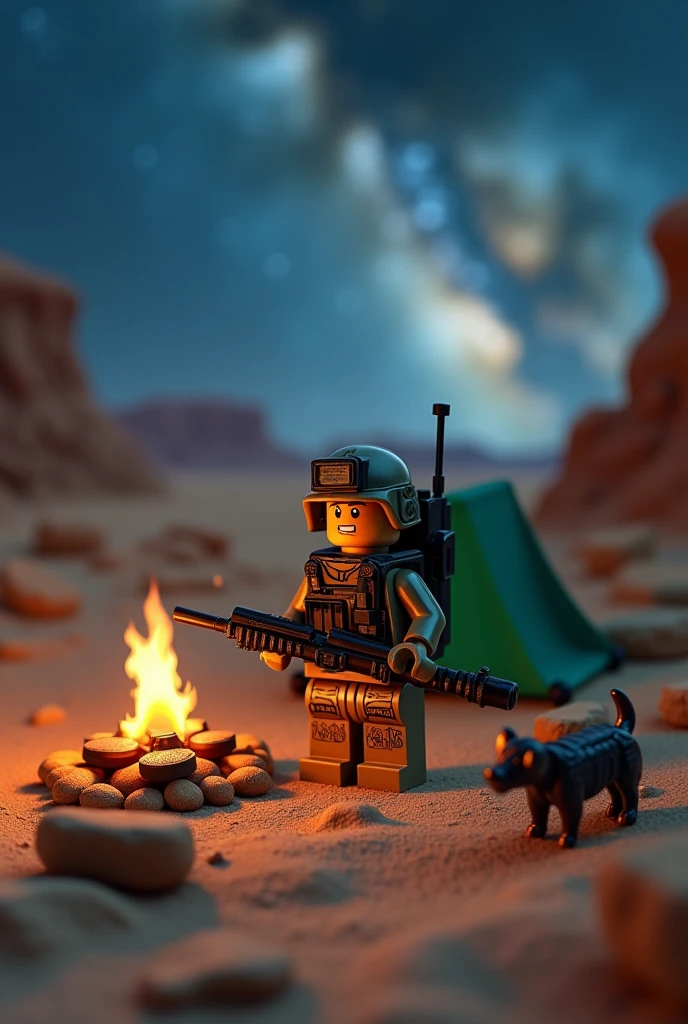 Photorealism 1.4 realistic realism high detailed definition Malaysia Lego minifig special forces dessert campsites with bagpack campfire green tent with Lego dog and truck night mode sky with milky way lowlights
