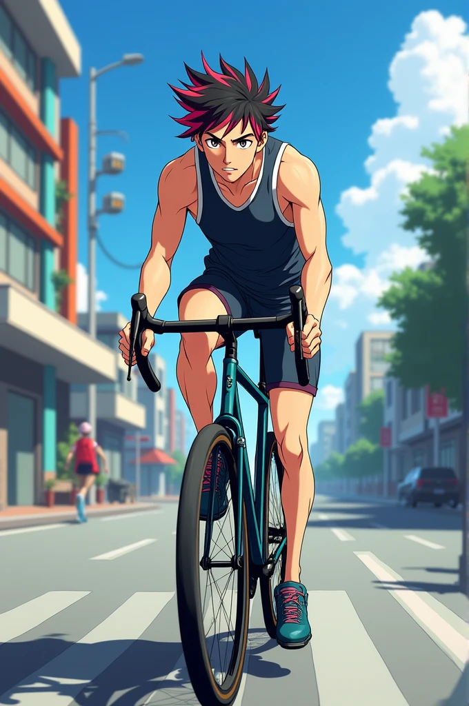 A anime man is riding bike