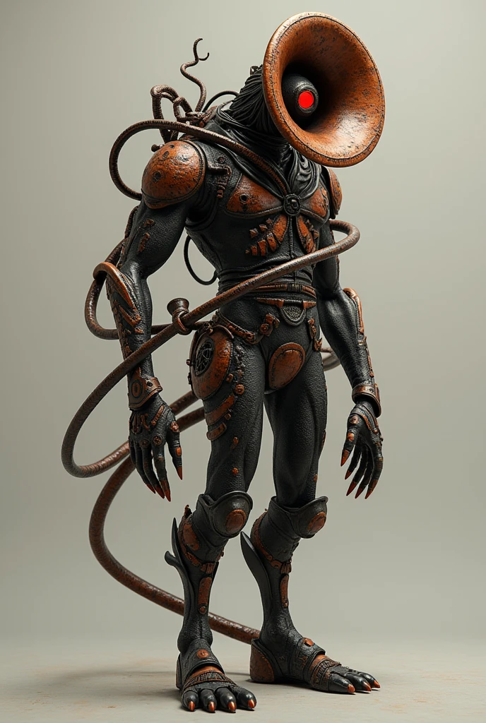 Personnage inspiré d'un tuba avec une têtes avec des yeux rouge est noir un corps en cuivre avec autour de luis un instruments tuba qui est enroulé de sont torse jusqu'au l'épaule de droite des main des jambes est un côté de personnage qui ressemble à un tuba qui est un instrument avec un corps est un côté de combattant dangereux 