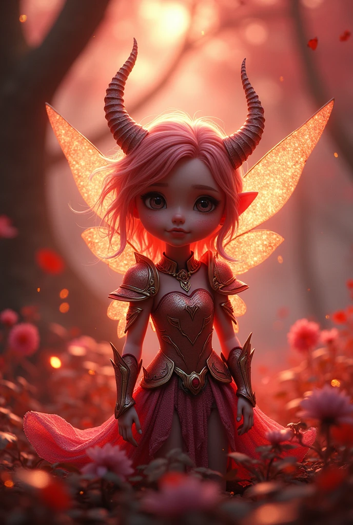 Animated  fairy in wearing magical Armor 
in a magical glittery forest, make really and much enhance cOlour  
And theme is reddish 
With horns 
