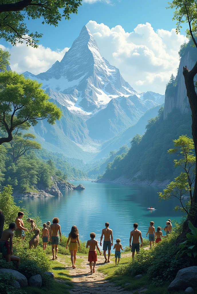 Big mountains, a lake, trees and plants, 12 people and 4 monkeys
