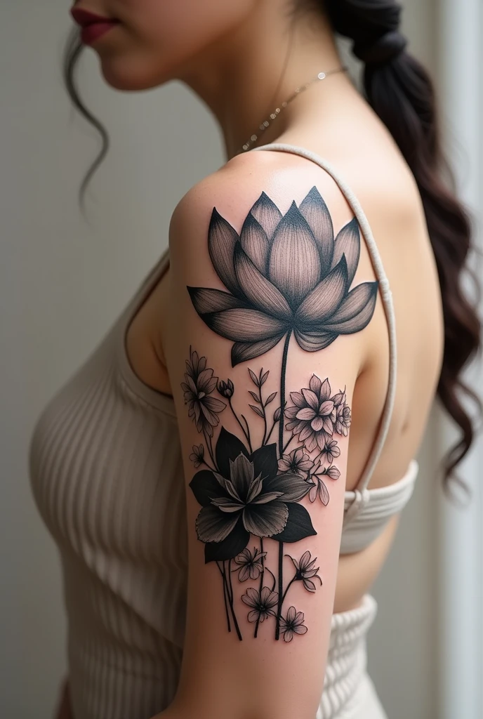 Black lotus flower tattoo done as if it were a brush and with floral arrangements complementing it around it