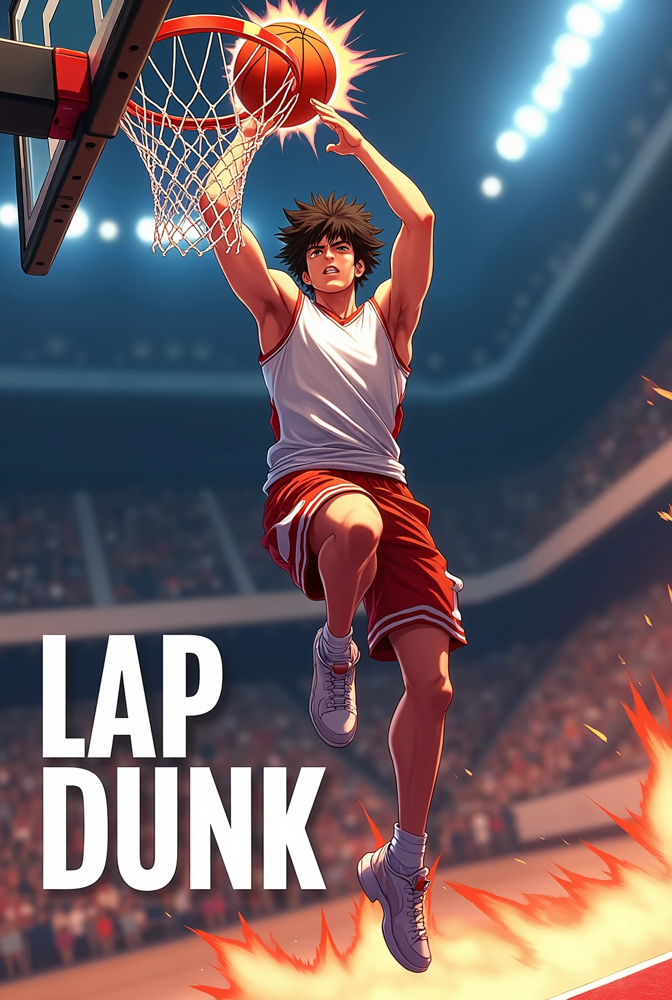 An anmie smart man doing basketball ball dunk and below is written the lap dunk
