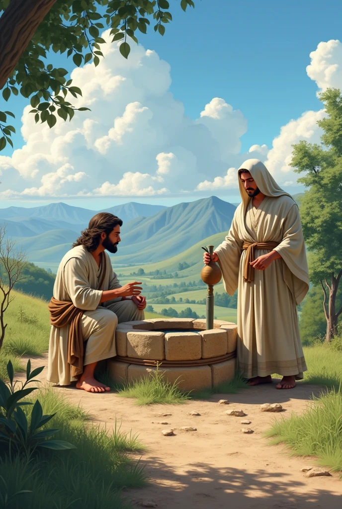 The image shows a biblical scene, where a man and a woman, the woman is next to a well in a rural area. The man is sitting far from the well, wearing a beige tunic with a brown sash around the waist. The woman, standing beside the well, is holding a jar, probably to remove water. She wears a beige tunic with a light veil over her head.. The surrounding scenery includes a dirt road, green vegetation, and in the background, there are mountains under a blue sky with some clouds. The image conveys a peaceful and pastoral atmosphere.