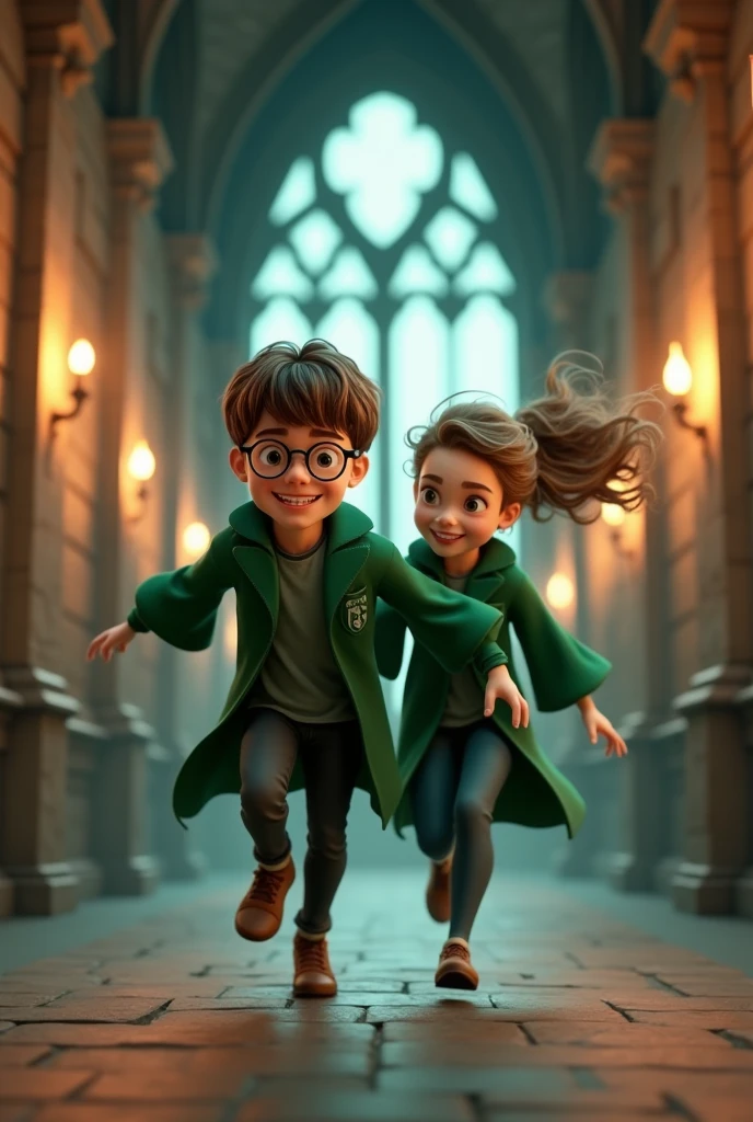 Brother chasing his sister, short brown hair, glasses, cheerful, wearing Slytherin house robes, 3D image