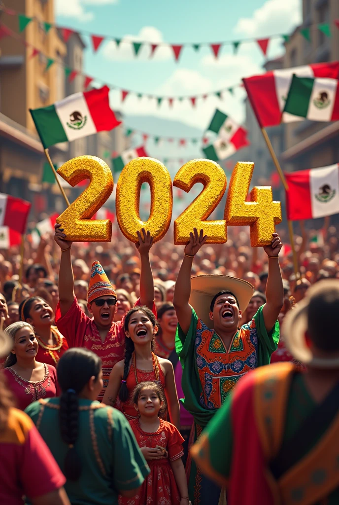 2024 in gold and a crowd of Mexicans looking forward and celebrating with Mexican flags