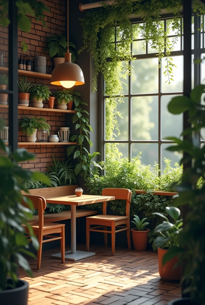 Coffee shop backside with table and plants 