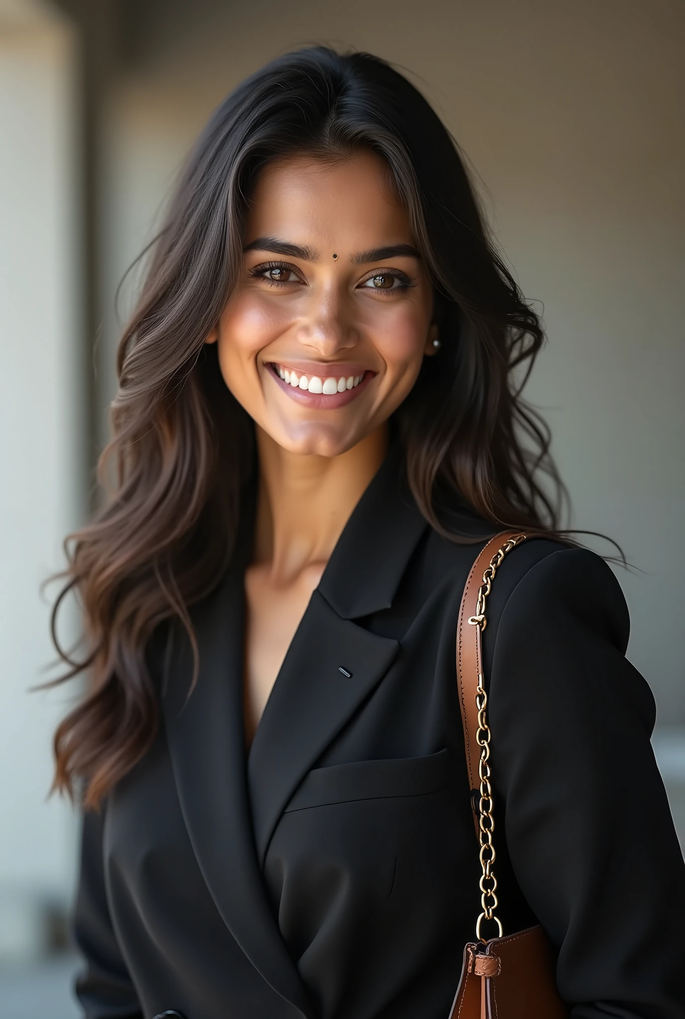 There is a young, Beautiful indian woman, who looks to the future like Katrina Kaif, Smiles into the camera, beautiful teeth, She looks into the camera, a portrait from raw photo, body, conservative modern business dress, handbag,
