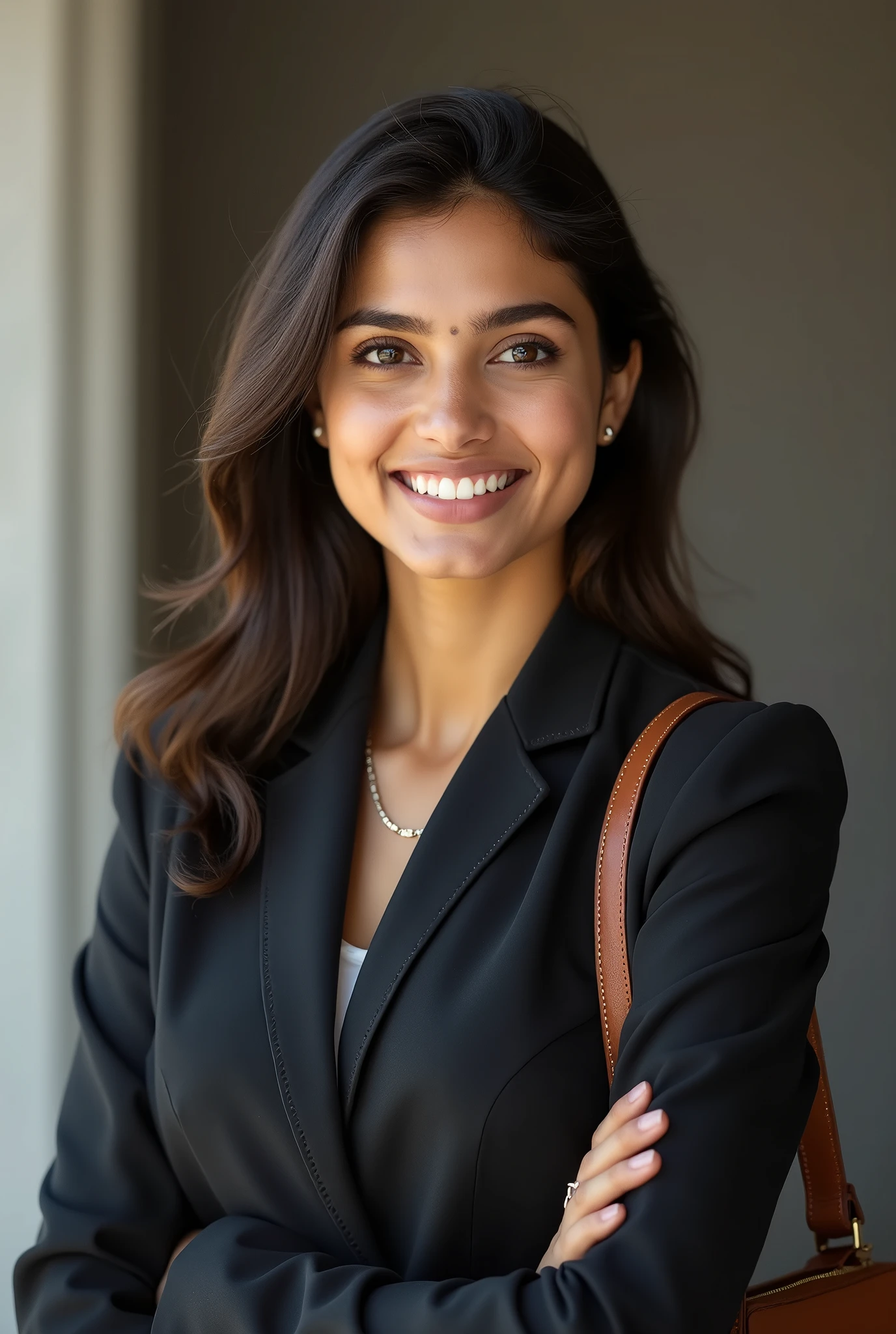 There is a young, Beautiful indian woman, who looks to the future like Katrina Kaif, Smiles into the camera, beautiful teeth, She looks into the camera, a portrait from raw photo, body, conservative modern business dress, handbag,