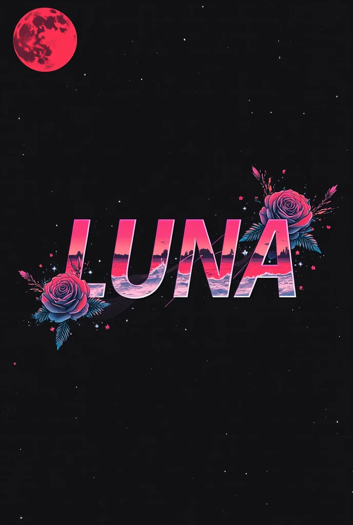 High resolution, red moon that bleeds, logo spelling swiftly “Luna” cool, Jdm theme, anime theme, Cyberpunk vibe name spelling, brand logo, logo for tshirt, brand logo “LUNA”, neon vibes, acid trip vibes, acid trip, shooting stars, acid trip inside “LUNA”, acid trip, hallucinations inside “LUNA”, Waves of hallucinations, splash, waves of futuristic hallucinations, red moon hallucinations, stars in the background, roses inside “LUNA”, ghosts hallucinations, red,