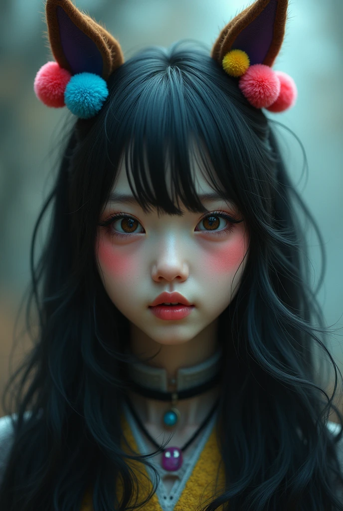 black hair, hair bobbles, wince, longeyelashes, solid circle eyes, fake animal ears, light smile, ear blush, fang, ccurate, Surrealism, drop shadow, anaglyph, stereogram, tachi-e, pov, atmospheric perspective, 8k, super detail, best quality