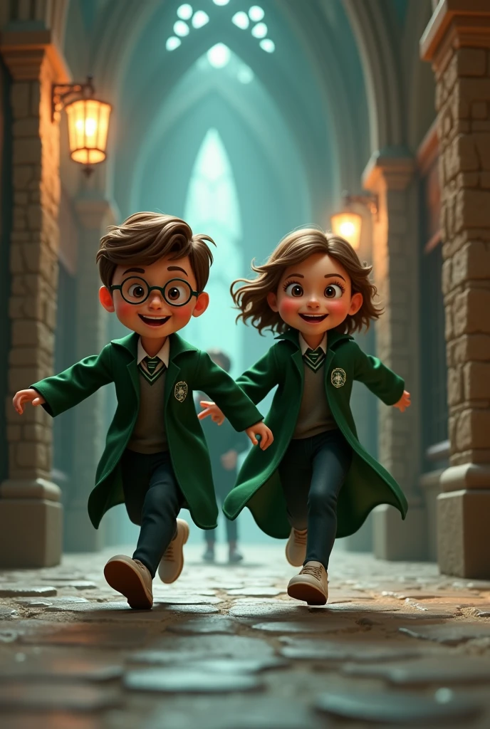 Brother chasing his sister, short brown hair, glasses, cheerful, wearing Slytherin house robes, 3D image