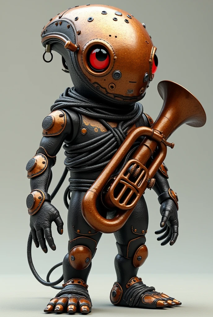Personnage inspiré d'un tuba avec une têtes avec des yeux rouge est noir un corps en cuivre avec autour de luis un instruments tuba qui est enroulé de sont torse jusqu'au l'épaule de droite des main des jambes est un côté de personnage qui ressemble à un tuba qui est un instrument avec un corps est un côté de combattant dangereux 