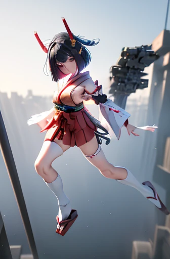 (highest quality)), ((masterpiece)), (very detailed: 1.3), 3d, {(japanese young girl)}, white theme,  (ware a scarlet hakama:1.2), wear shrine maiden anime costume, wears a futuristic Gundam mecha,(Gundam), with headgear, with v-fin , armored shoulders,armored under arms, armored under legs, (holding a Japanese sword  in the right hand:1.2),  multilayer textureperfect proportions, octane rendering, duotone lighting, Low ISO, wide aperture, White balance, Rule of thirds, ultra HD16k, HDR (High Dynamic Range), Ray Tracing, nvidia RTX, Super Resolution, Subsurface Scattering, PBR Texturing, Post Processing, Anisotropic Filtering, Depth of Field, Maximum Clarity and Clarity, High efficiency subpixel, subpixel convolution, particles of light, light scattered, Tyndall effect, full body:1.5, battle pose, cute, (cute:1.2), (bob cut:1.3),Braid, Black Hair, Thick eyebrows, Light-colored irises, Big, bright black eyes, Long eyelashes, Small, light-colored, natural lips, (Average face of Japanese idols), (The uniquely Japanese childlike face:1.3), (baby face), Wide forehead:1.2, Plump Cheeks, Small jaw, visible side boob, broken streets, Broken City,looking at viewer,Focus on the eyes