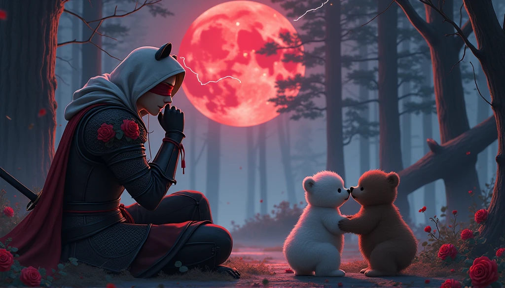 Male knight with a white hood with bear ears and a sword behind his back sits on the ground towards a baby polar bear and a baby brown bear in a forest while the moon shines, many Roses cover the ground and lightning falls from the sky. The baby polar bear plays with the baby brown bear while the knight enjoys watching them. Only the man wears a red blindfold. In the background of the picture is the blood moon and a tree has fallen down in the path. The forest is full of trees with leaves. The armor of the man is black and red roses decorate it. The sky is full of stars. The knight is thoughtfully touching his face.