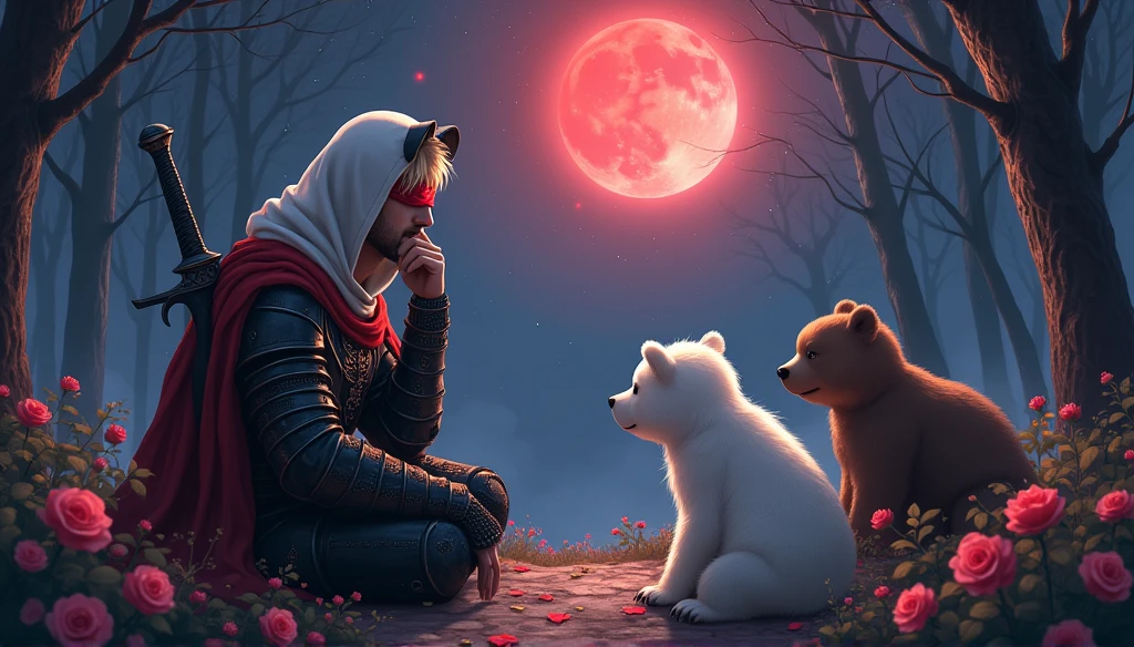 Male knight with a white hood with bear ears and a sword behind his back sits on the ground towards a baby polar bear and a baby brown bear in a forest while the moon shines, many Roses cover the ground and lightning falls from the sky. The baby polar bear plays with the baby brown bear while the knight enjoys watching them. Only the man wears a red blindfold. In the background of the picture is the blood moon and a tree has fallen down in the path. The forest is full of trees with leaves. The armor of the man is black and red roses decorate it. The sky is full of stars. The knight is thoughtfully touching his face.