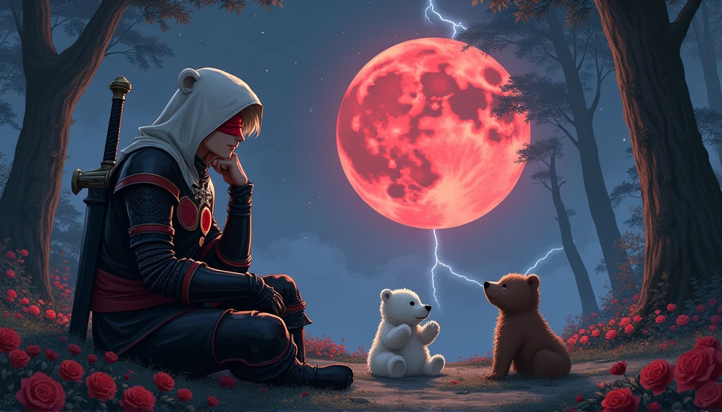 Male knight with a white hood with bear ears and a sword behind his back sits on the ground towards a baby polar bear and a baby brown bear in a forest while the moon shines, many Roses cover the ground and lightning falls from the sky. The baby polar bear plays with the baby brown bear while the knight enjoys watching them. Only the man wears a red blindfold. In the background of the picture is the blood moon and a tree has fallen down in the path. The forest is full of trees with leaves. The armor of the man is black and red roses decorate it. The sky is full of stars. The knight is thoughtfully touching his face.