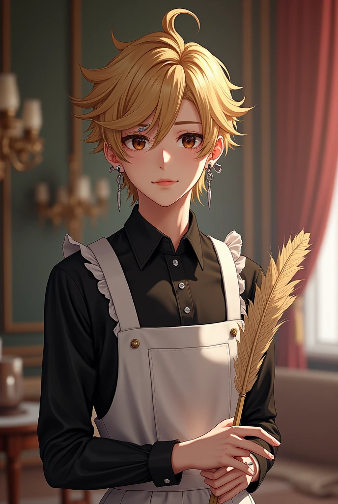 The maid guy is blond with dark brown eyes with many ear piercings with small earrings in his hands a feather duster