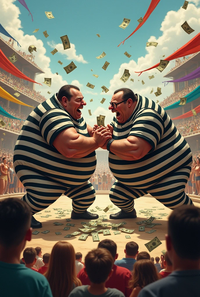 picture of two very fat thieves wearing masks in white and black striped prison clothes fighting for money in the middle of a round arena ,watched by the cheering crowd.
around the arena colorful flags are flying.
the audience shouted while throwing banknotes