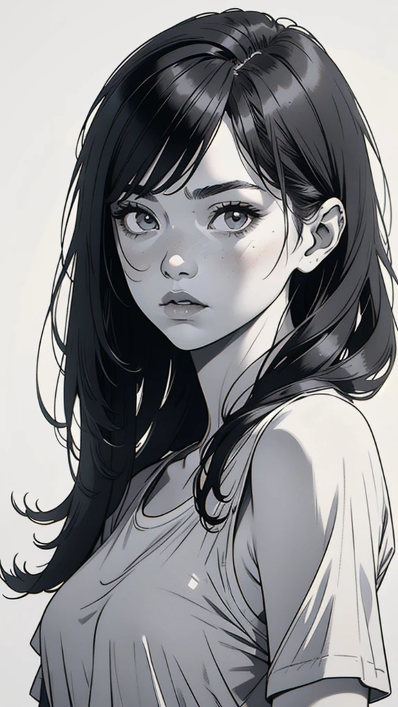 1 boyish girl, solo, sharp eyes, monochrome, greyscale, shoulder length black bangs hair, portrait, (blank white T-shirt), Thin eyebrows, closed mouth, looking at viewer, detailed lips, hatching \(texture\), without makeup, upper body, (best illustration), (best quality), (very detailed), (masterpiece), expressionless,
