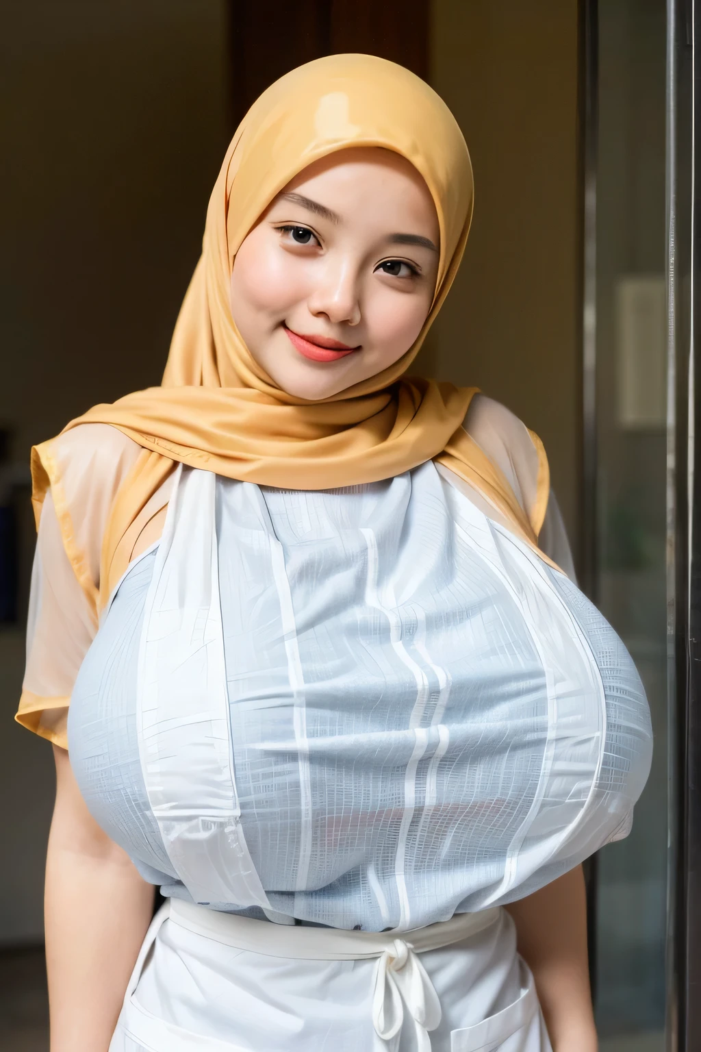 adorable, 1 girl, (face to face), , baby face, happy, medium portrait, (face details: 1), (eye details:1), ((naked big breasts)). wearing transparent transparency mini apron, .. Cute posed. proportional body. Ultra High Res. realistic: 1.4, UHD, poke ((HIJAB STYLISH style)) , lace (Gigantic:1.919)