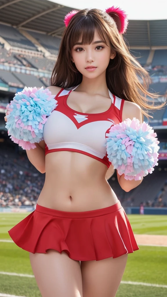 masterpiece, Highest quality, Very detailed, High resolution, (Realistic, photoRealistic:1.37), Excellent anatomy, One beautiful woman, 1, height: 152 cm, Cheerleader, (With big colorful pom-poms in both hands:1.4), A small smile, cheer leading, ブルーCheerleader uniform, (shape), Micro Pleated Mini Skirt, No underwear, ((Very delicate and beautiful)), ((Stadium Background:1.2)), Brown Hair, Long Hair, bangs, Very beautiful face, Cute type, Big Natural Color Lip, Small and cute nose, Big and pretty eyes, Brown eyes, Obvious double, Shiny highlight spots around the eyes, Character Focus, Tilt your head, The best light, Best Shadow, mysterious, Perfect Face, Very detailed, Soft Skin, (Glowing Skin, Sweaty: 1.2), Beautiful legs, Voluptuous thighs, Plump body, Huge breasts, (Expresses the roundness and softness of the chest area..........1), Beautiful body, (The perfect woman), Spread your legs, (Provocative dynamic pose), Skirt flip,