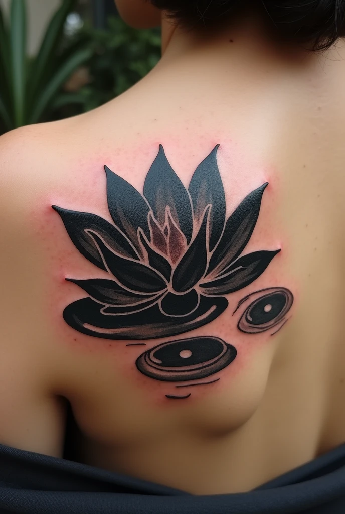 Lotus flower tattoo in black made as if it were a brush and with other smaller lotus flowers as if they were in a lake