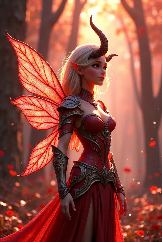 Animated  fairy in wearing magical Armor 
in a magical glittery forest, make really and much enhance cOlour  
And theme is reddish 
With horns 
Make adults girl

