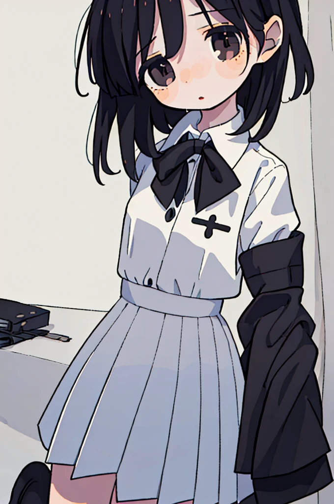 simple background, ribbon, school uniform,
(best quality, masterpiece, RAW photo,ultra-detailed:1.2), 1girl,solo,looking at viewer, pale skin, black hair, black sclera, white eyes, neutral expression