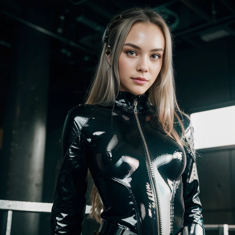 heart hands、ta、A smile、20yr old、((top-quality)), ((​masterpiece)), (high-detail:1.3), 。.。.3D, Beautiful fece (cyberpunked:1.3), Emerald green clothes、Stylish woman looking at green leather clothes、I can't see the skin on my lower back、blue-black leather pants, Silver zipper,Belt under the waist,superfine illustration,a blond , show forehead, Silver center zipper, Leather Blue Black Bodysuit, 3-sleeveblue-black, shiny, Blonde