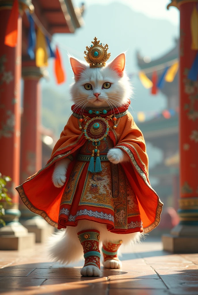 "A white cat walking on her hind legs in a peaceful Buddhist temple, wearing a traditional Tibetan bridal dress. The cat is adorned with coral and turquoise jewelry, a bright red chupa, a colorful headdress, and embroidered boots. The background features prayer flags fluttering in the wind."