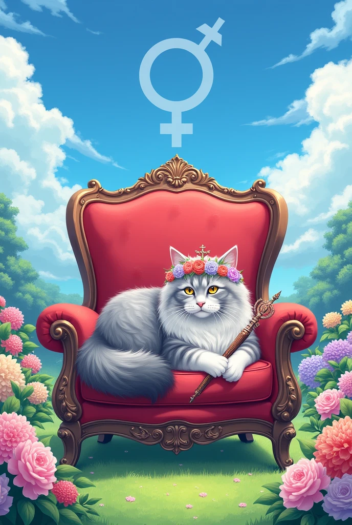 A Scottish Straight cat with Silvertabby and white belly, wearing a crown of flowers, reclining on a cushion placed on a red armchair. The chair is set in a beautiful flower garden, the ground is bright green with flowers, the right hand holds a scepter, the sky is bright blue, there is a feminine symbol in the picture.Japanese anime. Long shot.