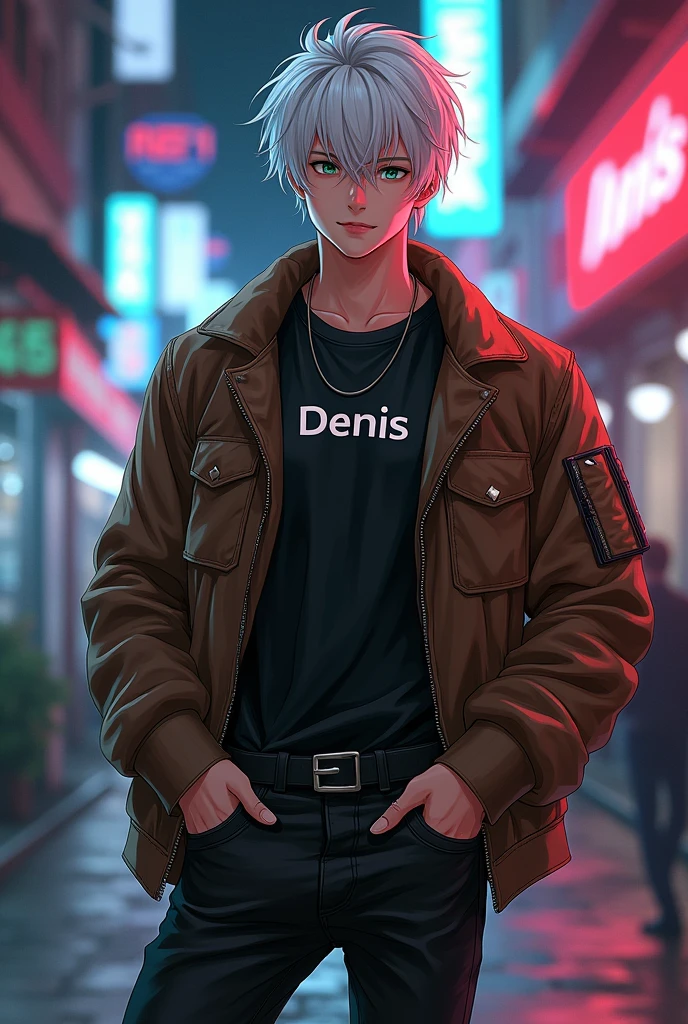 Erkek cocuk, pele caucasiana, 20 year, White hair, wearing black jeans, wearing black boots, White T-shirt and her name 'DENIS' has written on that, with brown aviator jacket, greeneyes,curved body, cocked ass, cyberpunk atmosphere, Raby, アニメ, .Smile,upper body, Streaked Hair,
