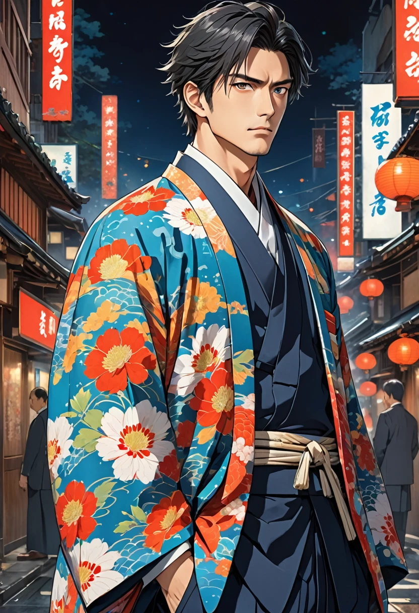 score up_9,score up_8,score up_7,source_anime,masterpiece,best quality,super fine illustration,super detailed,8k,Man,solo,30yo,sharp eyes,suits in kimono,standing,cool,retoro modern,BREAK in modern city,detailed background,beautiful background
