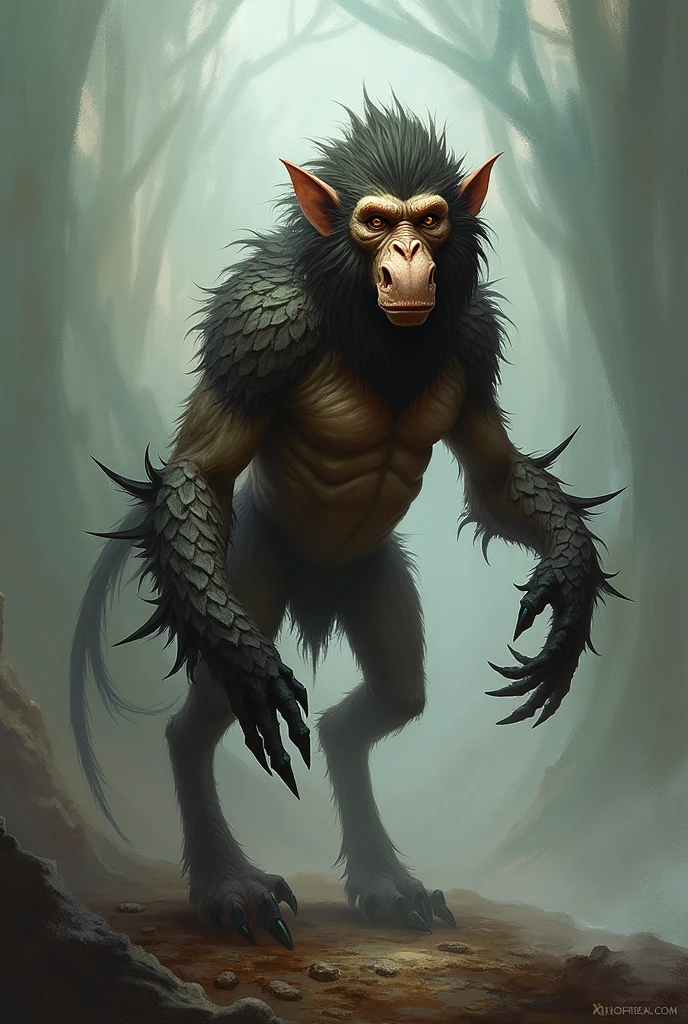 "Design a monkey and Komodo dragon fusion with glowing eyes and intertwined scales and fur, exuding raw, terrifying power."