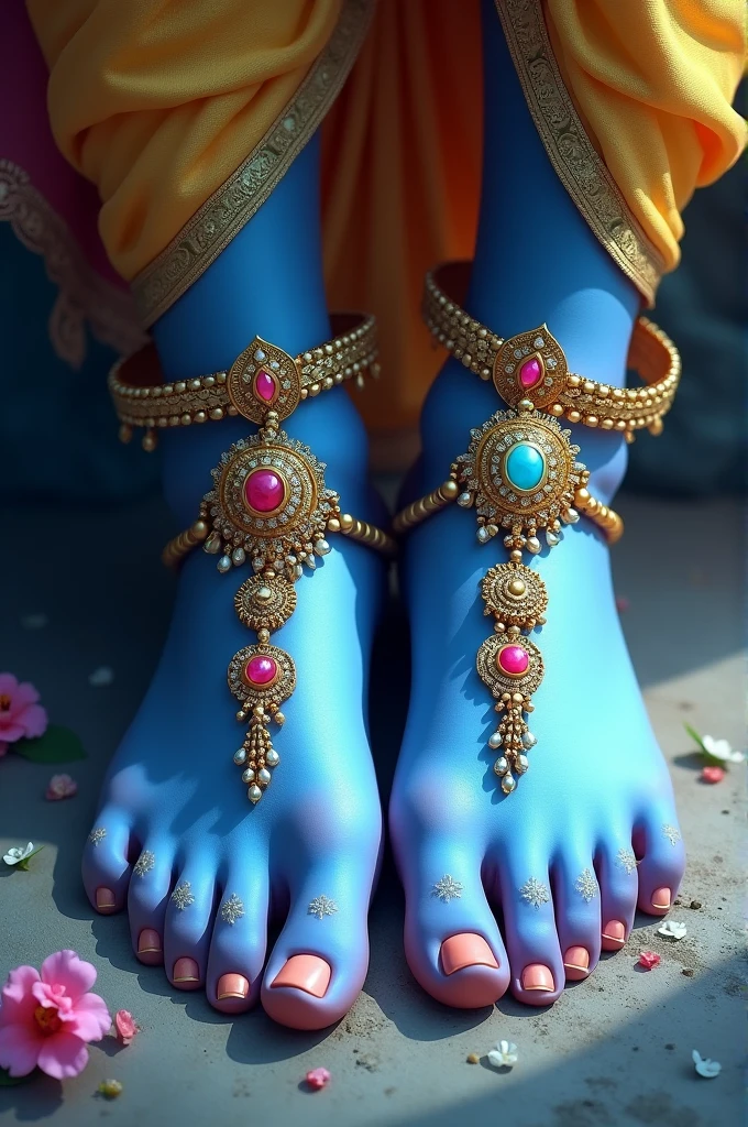 Create a divine and captivating image of Lord Krishna's majestic feet, showcasing their serene beauty and elegance. His feet are a radiant shade of blue, symbolizing his divine nature and Adorn his feet with exquisite, ornate jewelry.