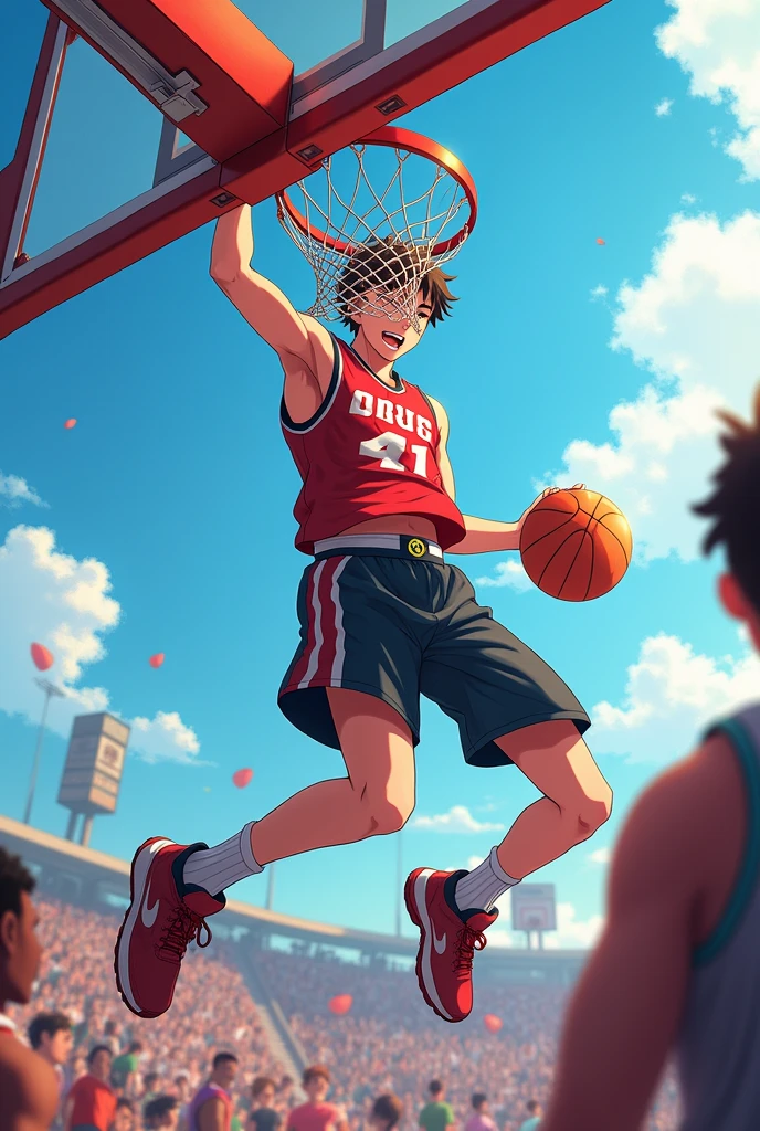 An anmie smart man doing basketball ball dunk and below is written the lap dunk in a frame that can be used to put on dp of my channel