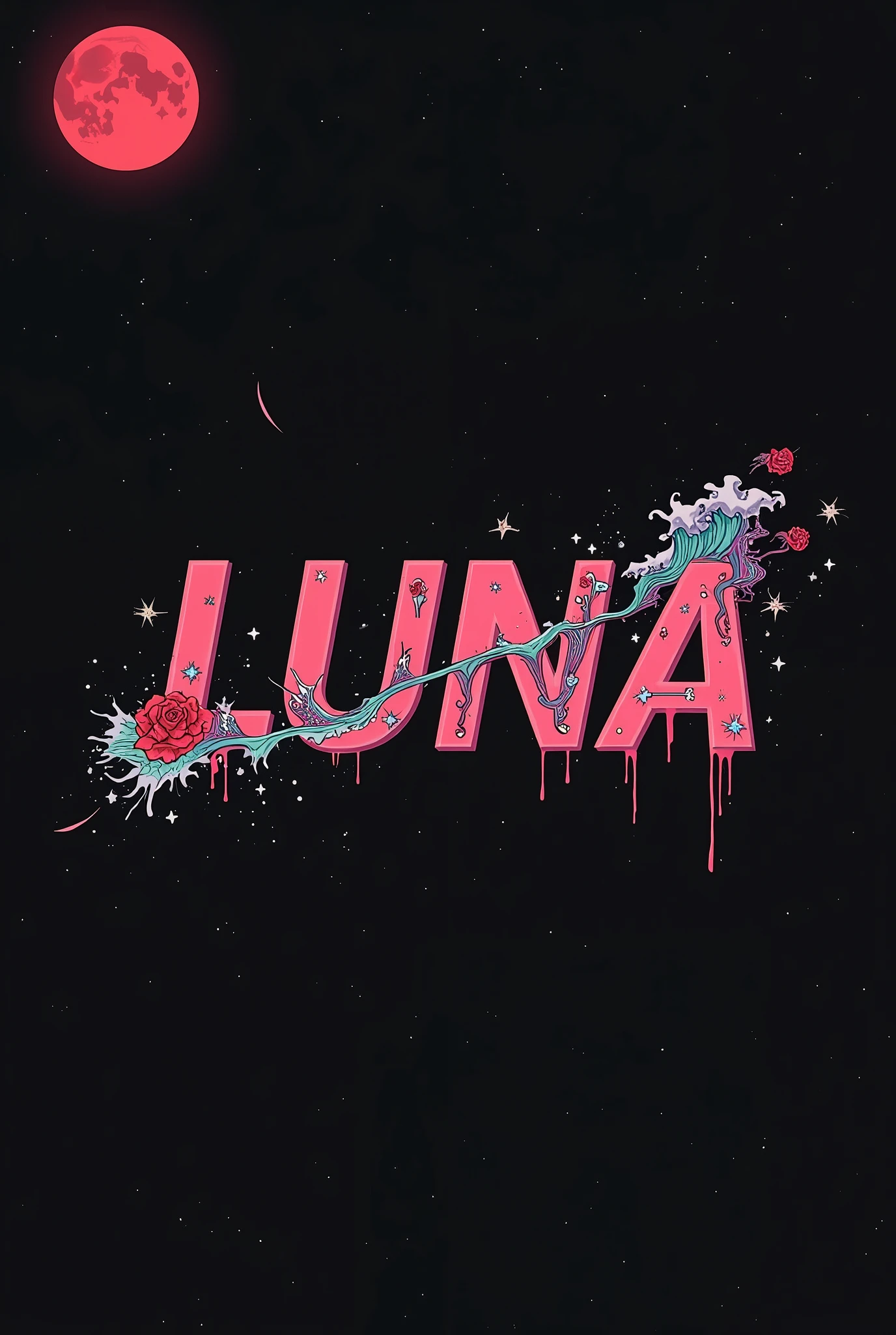 High resolution, red moon that bleeds, logo spelling swiftly “Luna” cool, Jdm theme, anime theme, Cyberpunk vibe name spelling, brand logo, logo for tshirt, brand logo “LUNA”, neon vibes, acid trip vibes, acid trip, shooting stars, acid trip inside “LUNA”, acid trip, hallucinations inside “LUNA”, Waves of hallucinations, splash, waves of futuristic hallucinations, red moon hallucinations, stars in the background, roses inside “LUNA”, ghosts hallucinations, red, 