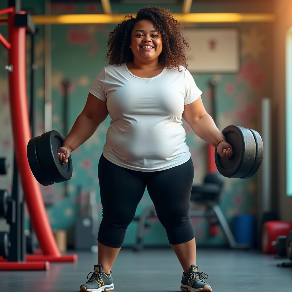 A overweight Girl, white t-shirt, black legging, wear shoes, looking viewer, facing the viewer, excitement on the face, hand lifting big solo weights, trying to loose weight, back ground at many colored gym.